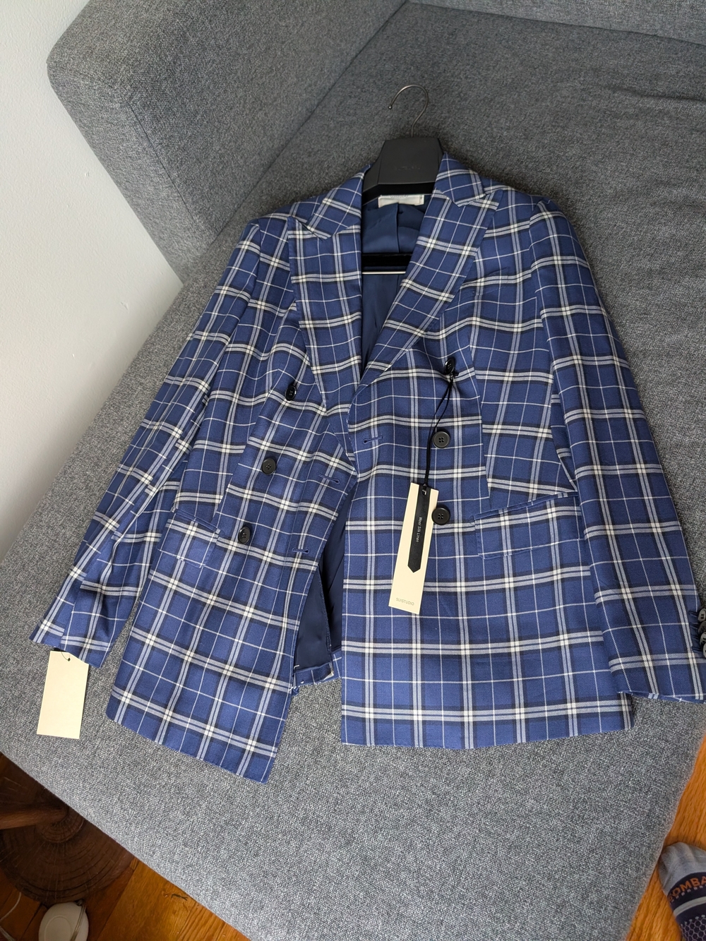 Women's Blue Plaid Double-Breasted Blazer